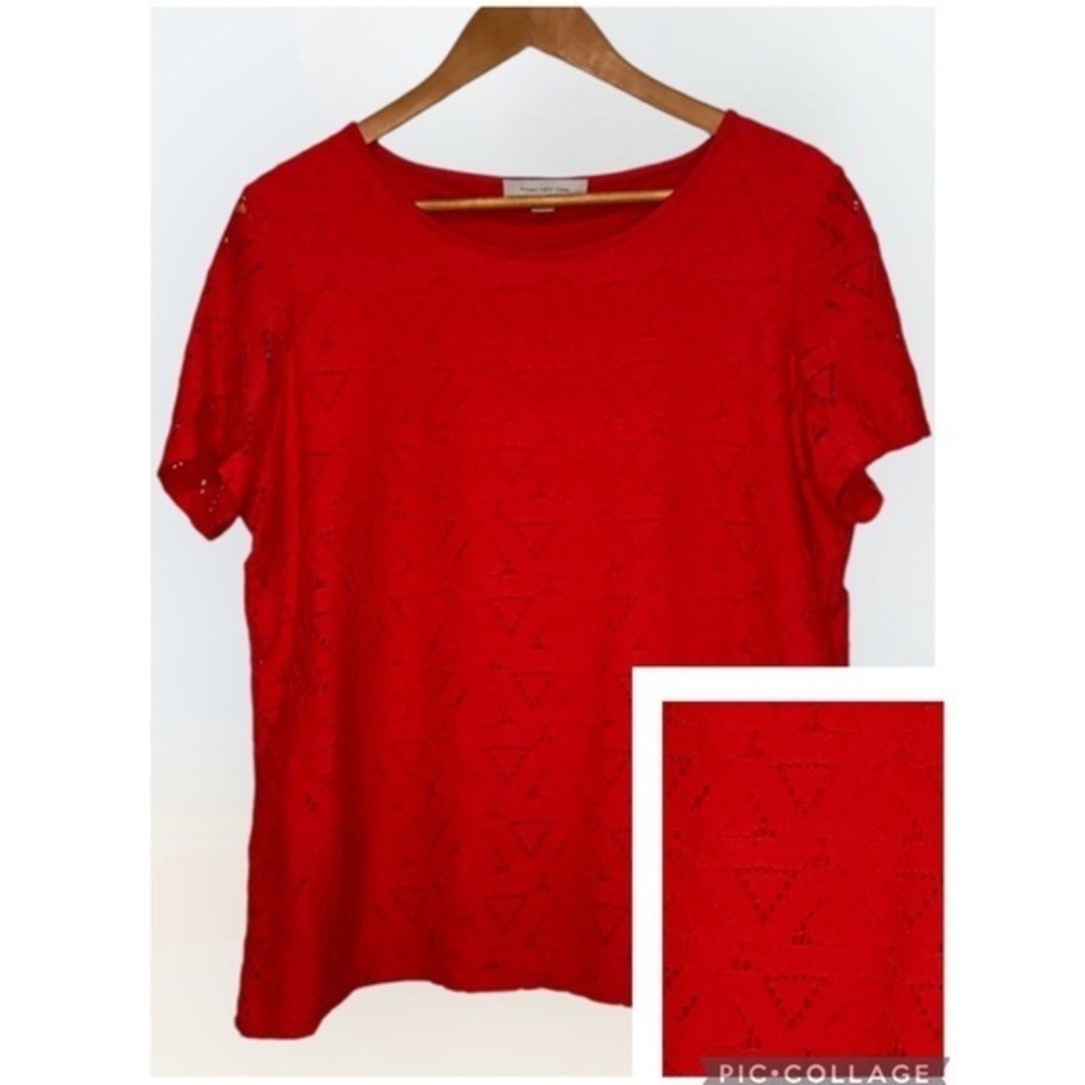 Marc Jacobs Red Eyelet Round Neck Short Sleeve Lined Pullover Top Blouse Large